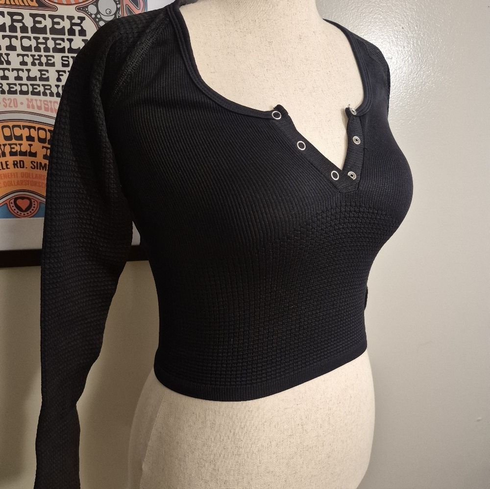 Waffle-Knit Long Sleeve Henley Open Back  Black Free People Movement XS / S